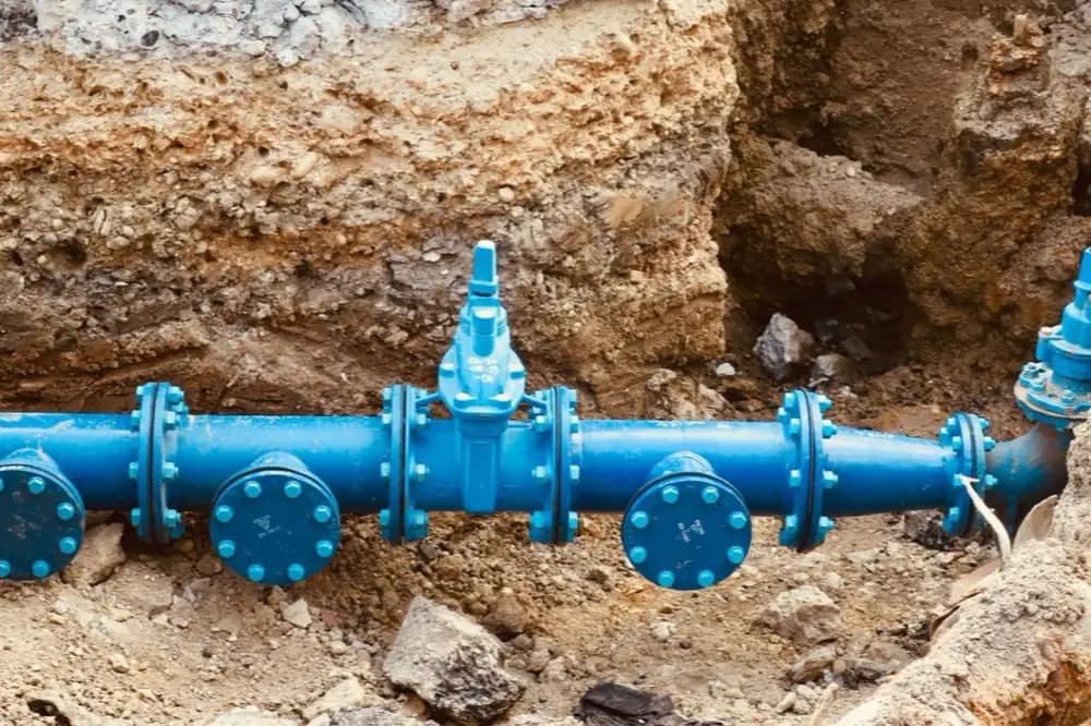 Canalisation et vanne posées au fond d'une tranchée ouverte